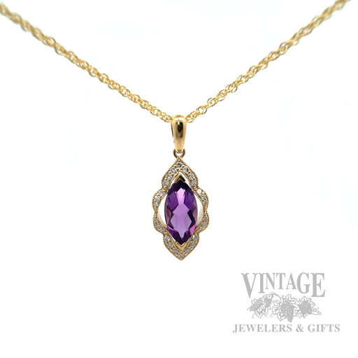 Framed Amethyst Diamond Accented 14k Gold Pendant Front View
