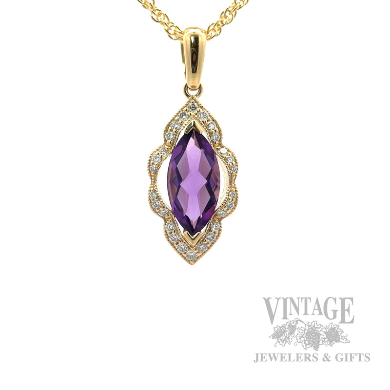 Framed Amethyst Diamond Accented 14k Gold Pendant Close-Up View