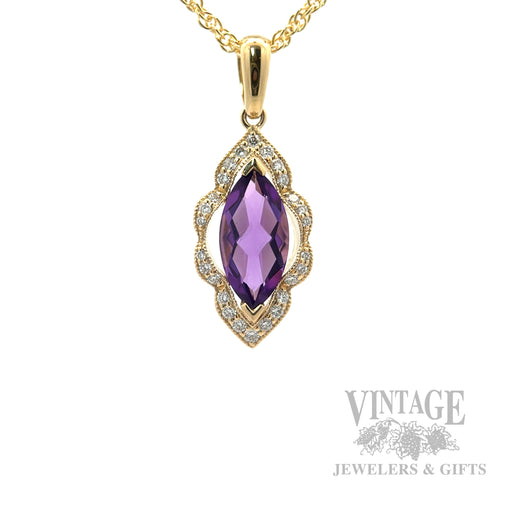 Framed Amethyst Diamond Accented 14k Gold Pendant Close-Up View
