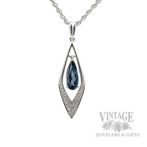 Dangling Blue Topaz Diamond Accented 14k White Gold Necklace Close Up View