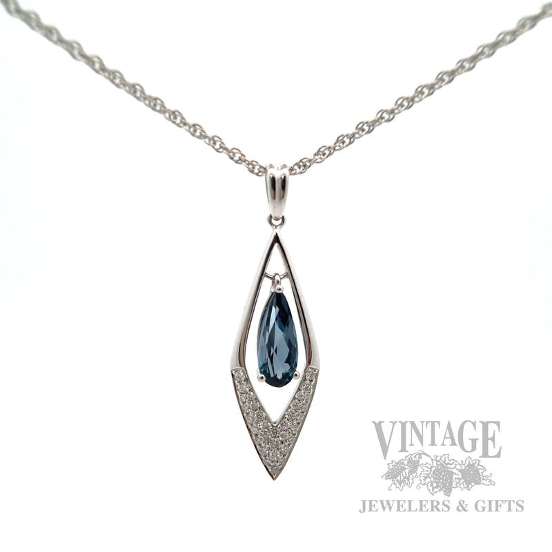 Dangling Blue Topaz Diamond Accented 14k White Gold Necklace Front View