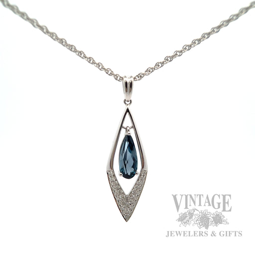 Dangling Blue Topaz Diamond Accented 14k White Gold Necklace Front View