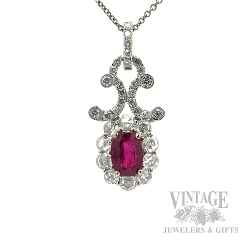 Dangling Ruby Rose Cut Diamond Accented 17k White Gold Pendant Front View
