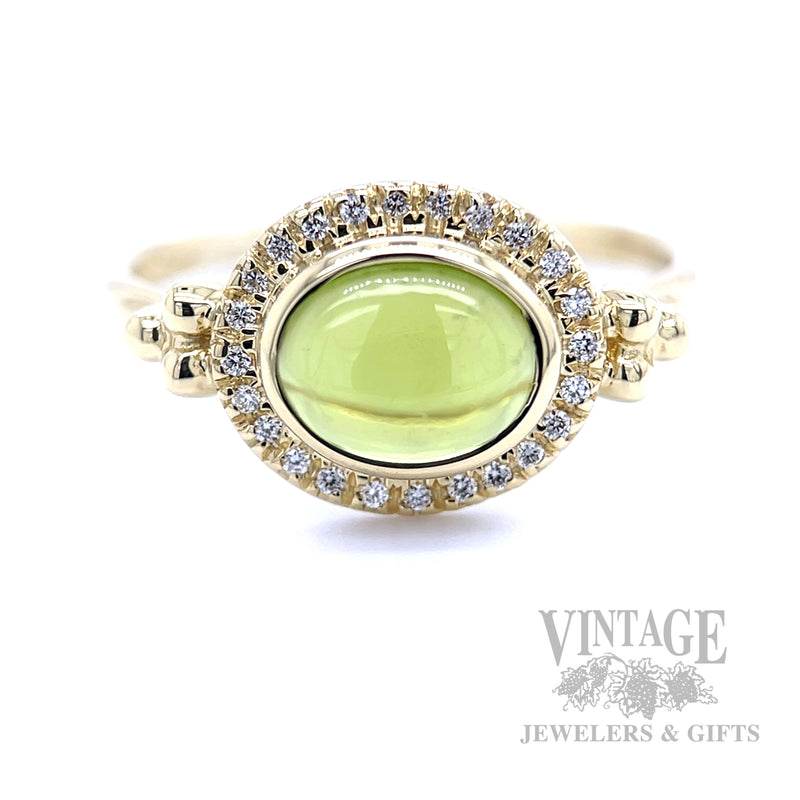 East West Halo Peridot Diamond Accented 18k Gold Ring Front View