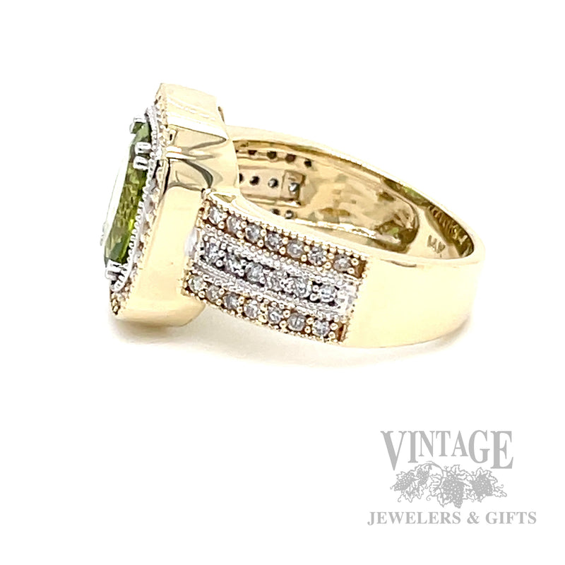 Halo Striped Peridot Diamond Accented 14k Gold Ring SIde View