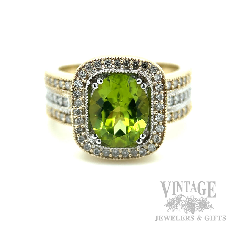 Halo Striped Peridot Diamond Accented 14k Gold Ring Front View