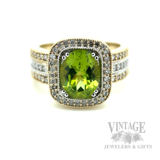 Halo Striped Peridot Diamond Accented 14k Gold Ring Front View
