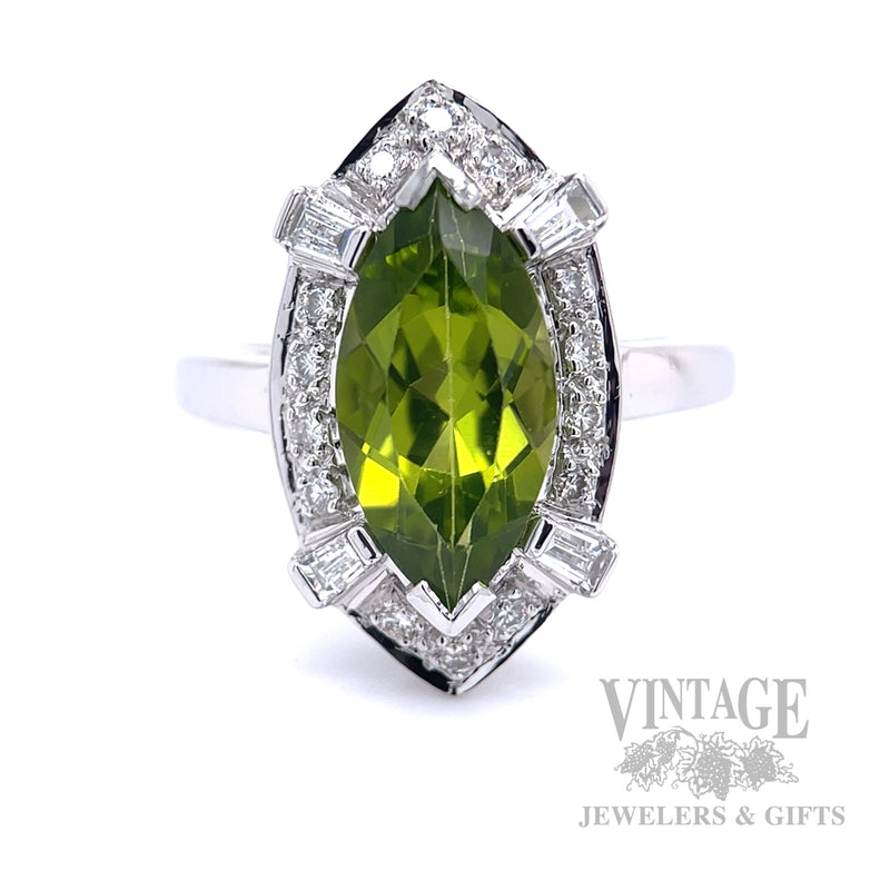 Marquise Peridot and Diamond 18k White Gold Ring Front View