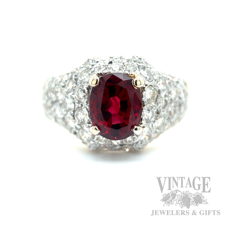 Natural Red Spinel and Diamond Pave 14k Ring Front View
