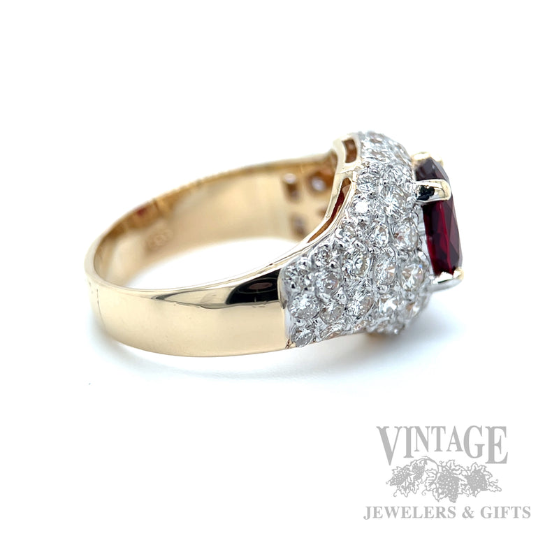 Red Spinel and Diamond Pave 14k Ring Side View