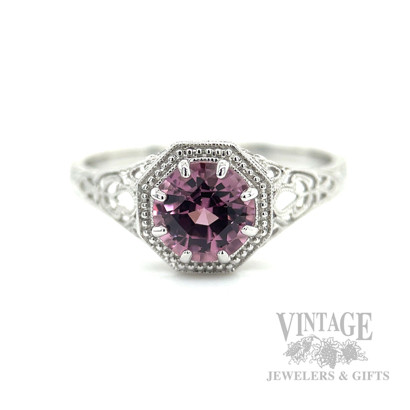 Filigree Lavender Spinel White Gold Ring Front View