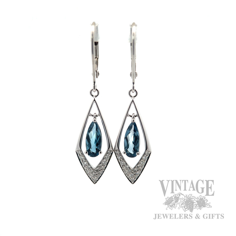 Dangling London Blue Topaz 14k White Gold Earrings Front View