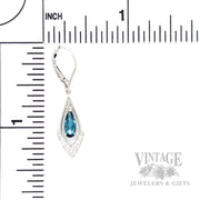 Dangling London Blue Topaz 14k White Gold Earrings Scale View
