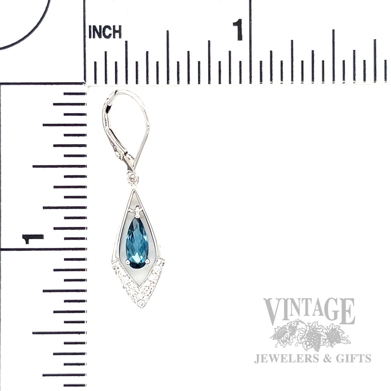 Dangling London Blue Topaz 14k White Gold Earrings Scale View