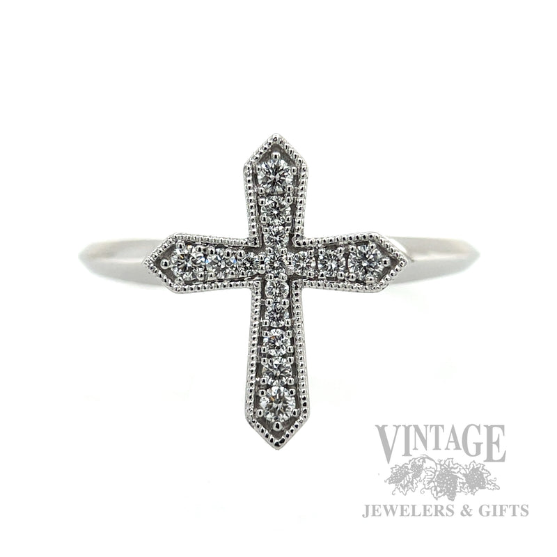 Milgrain Diamond Cross 14k White Gold Ring Front View