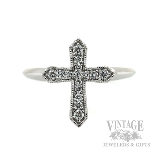 Milgrain Diamond Cross 14k White Gold Ring Front View