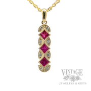Ruby Trio and Diamond Accented 14k Gold Necklace Front View