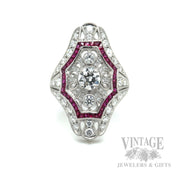 Pierced Filigree Diamond and Ruby Accented Platinum Ring top