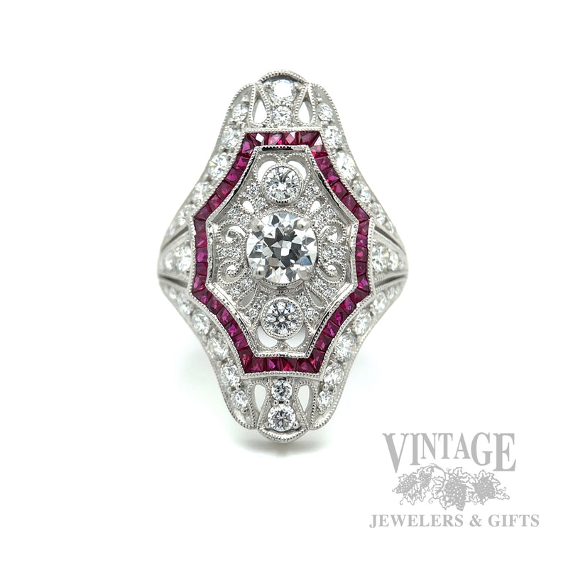 Pierced Filigree Diamond and Ruby Accented Platinum Ring top