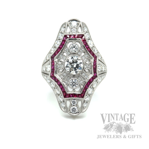 Pierced Filigree Diamond and Ruby Accented Platinum Ring top