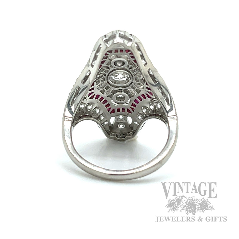 Pierced Filigree Diamond and Ruby Accented Platinum Ring inside