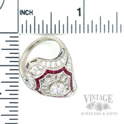 Pierced Filigree Diamond and Ruby Accented Platinum Ring scale
