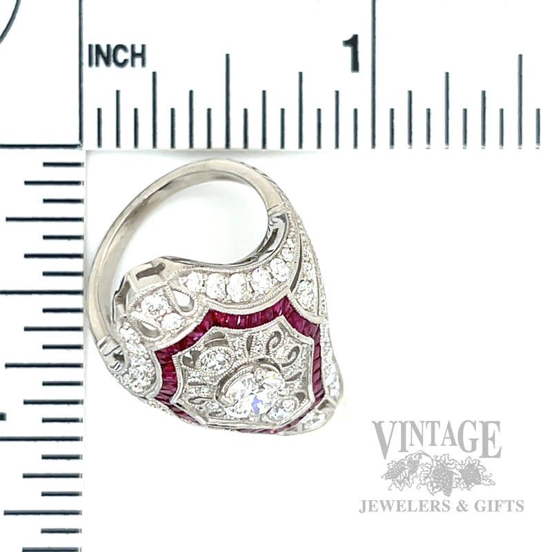 Pierced Filigree Diamond and Ruby Accented Platinum Ring scale
