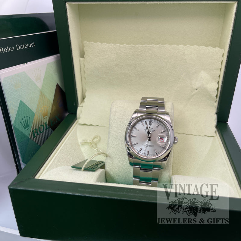 Pre-Owned Men's Rolex Datejust 36 Silver Dial Oyster Bracelet – Ref. 116200 – Box & Papers Front View with Box