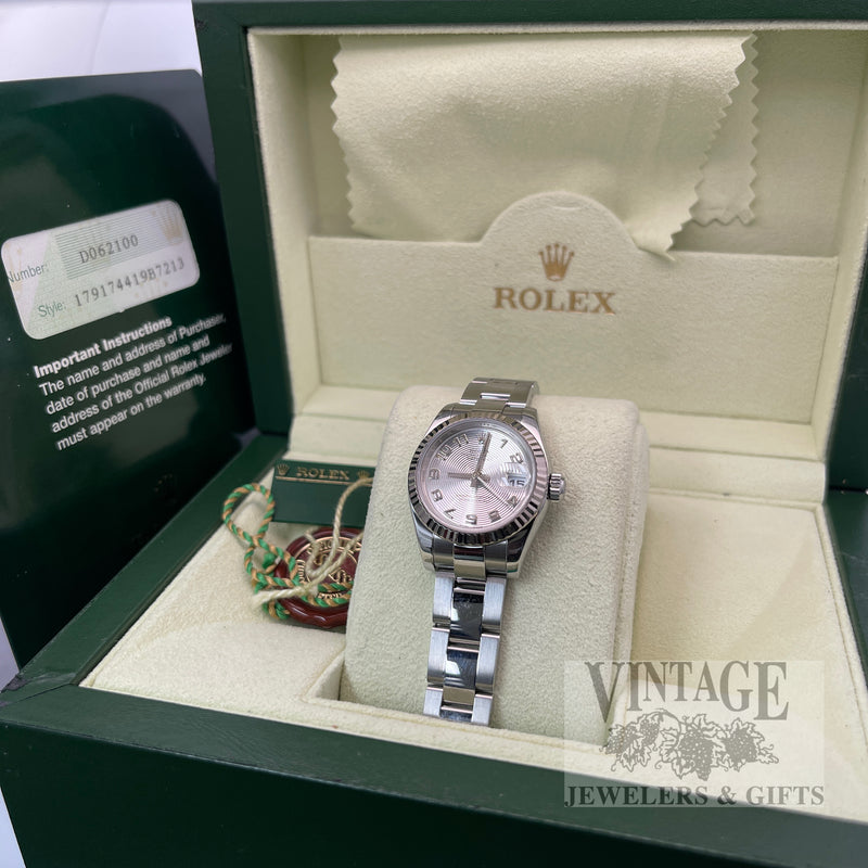 Pre-Owned Ladies Rolex Lady-Datejust 26 Silver Concentric Arabic Dial – Ref. 179174 – Box & Papers