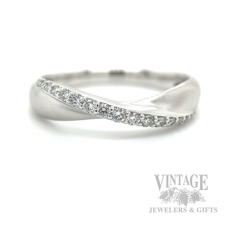 Satin Criss-Cross Diamond Accented 14k White Gold Ring Front View