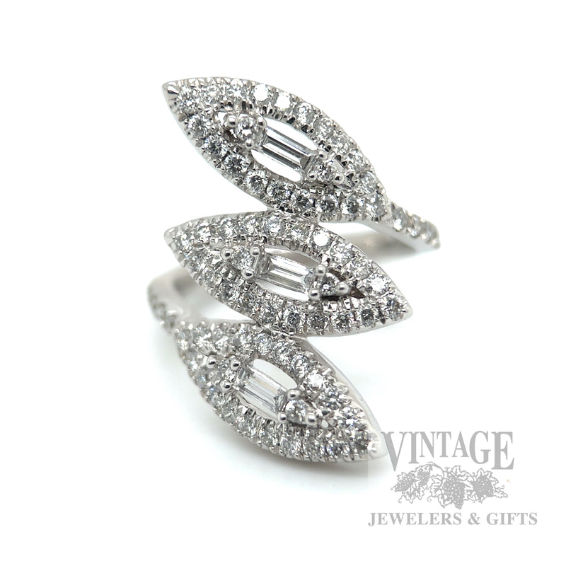 Diamond Leaf 18k White Gold Bypass Ring Front View 