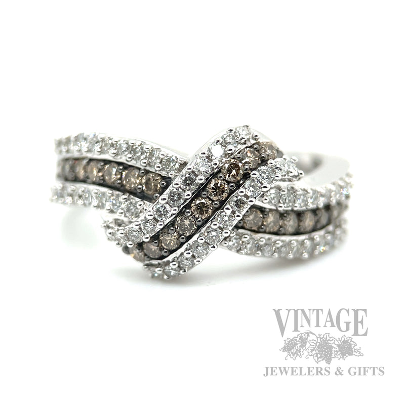 Knot Multi-Row White and Chocolate Diamond 14k White Gold Ring Front View