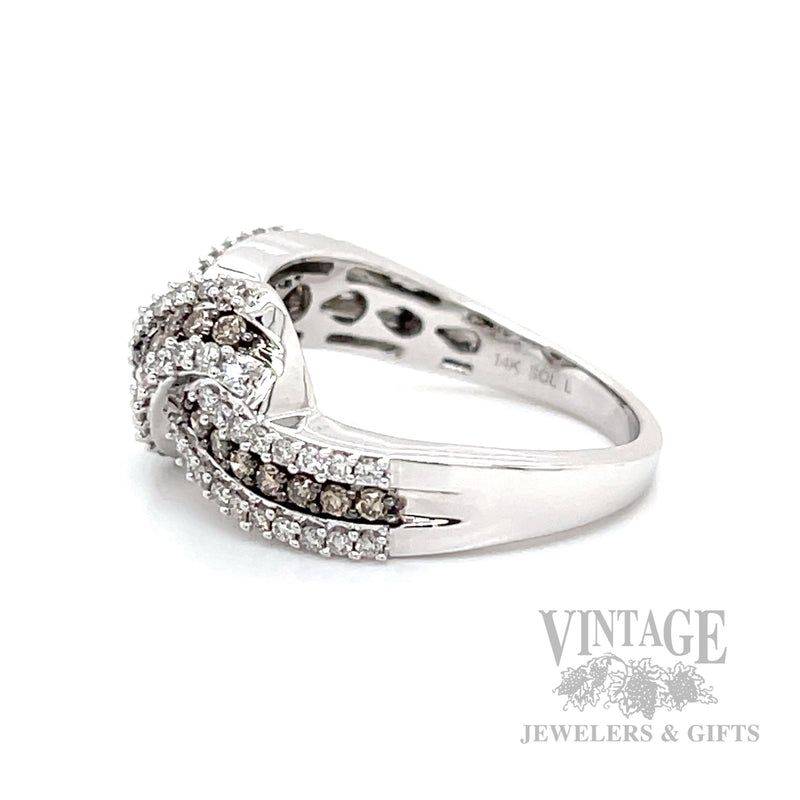 Knot Multi-Row White and Chocolate Diamond 14k White Gold Ring Side View