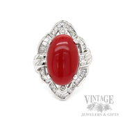 Freeform Halo Red Coral and Diamond 18k White Gold Ring Front View