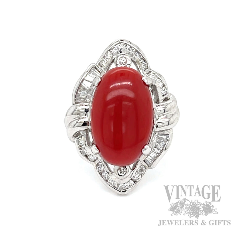 Freeform Halo Red Coral and Diamond 18k White Gold Ring Front View