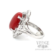 Freeform Halo Red Coral and Diamond 18k White Gold Ring Side View