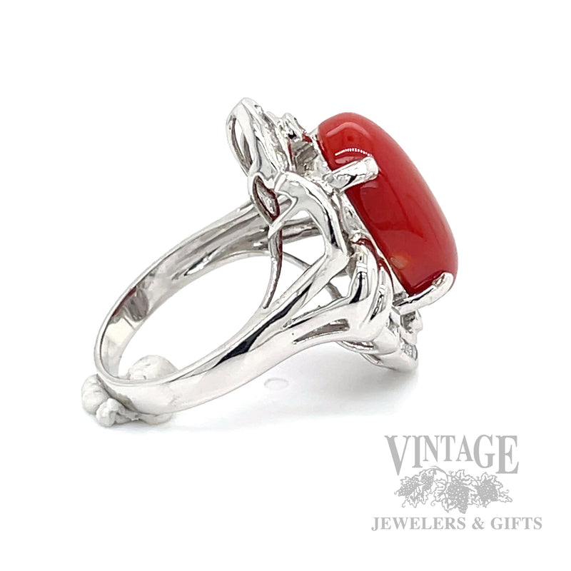 Freeform Halo Red Coral and Diamond 18k White Gold Ring Side View