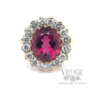 Rubelite Tourmaline and Diamond 14k Gold Halo Ring Front View