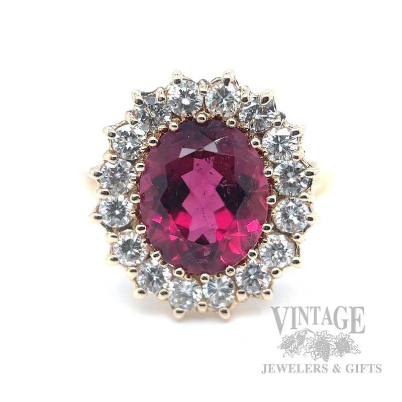 Rubelite Tourmaline and Diamond 14k Gold Halo Ring Front View