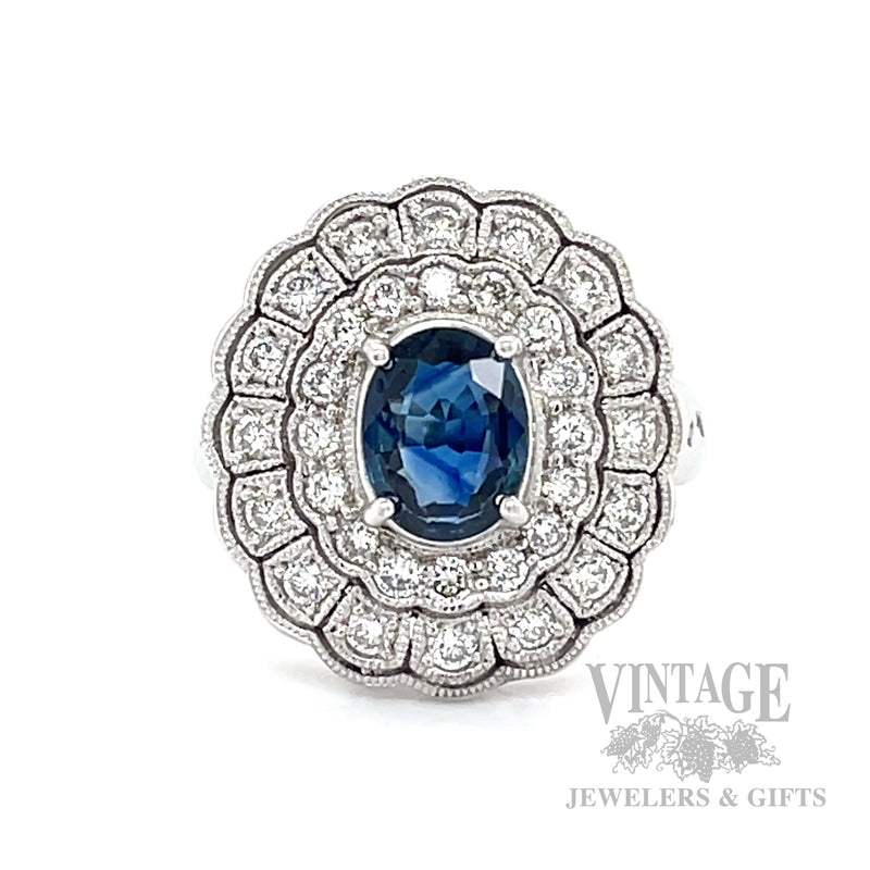 Double Halo Sapphire and Diamond 18k White Gold Ring