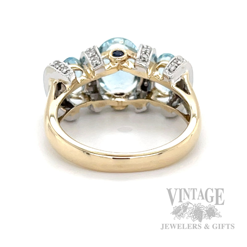 Two Tone Aquamarine Diamond and Blue Sapphire Accented 14k Gold Ring Back/Interior View