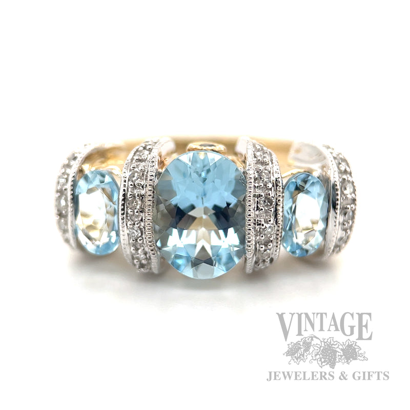 Two Tone Aquamarine Diamond and Blue Sapphire Accented 14k Gold Ring Front View