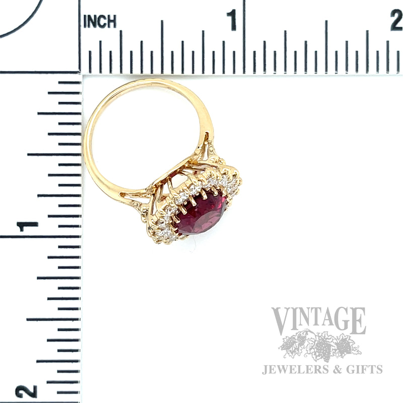 Rubelite Tourmaline and Diamond 14k Gold Halo Ring Scale View