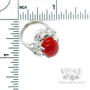 Freeform Halo Red Coral and Diamond 18k White Gold Ring Scale View