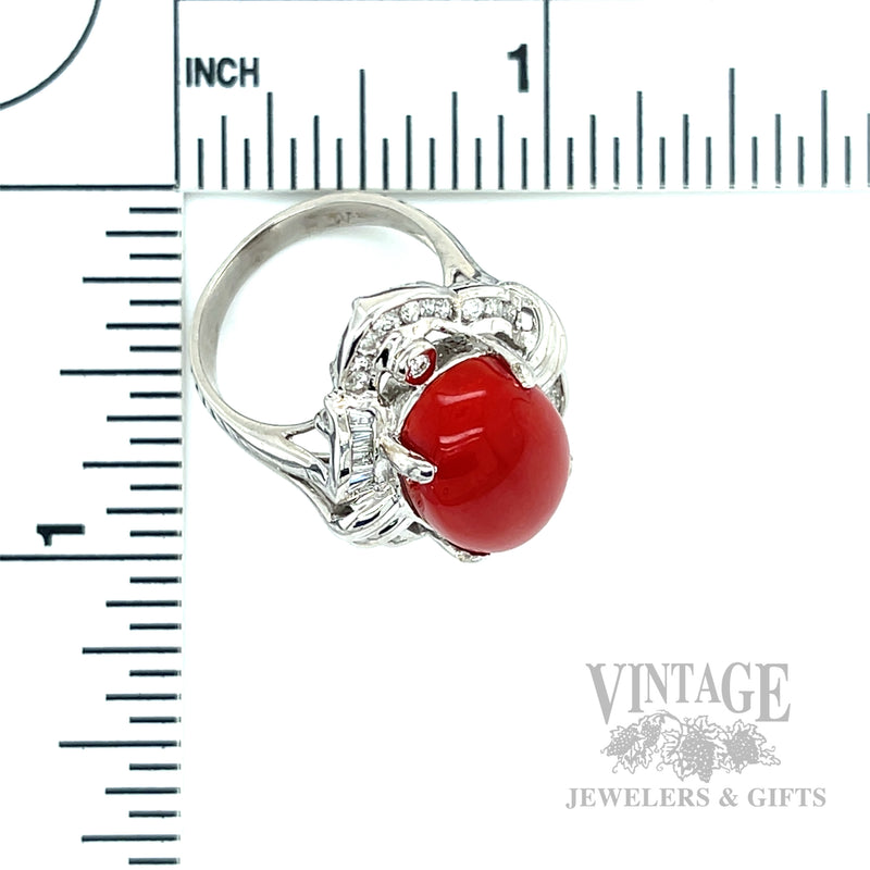 Freeform Halo Red Coral and Diamond 18k White Gold Ring Scale View