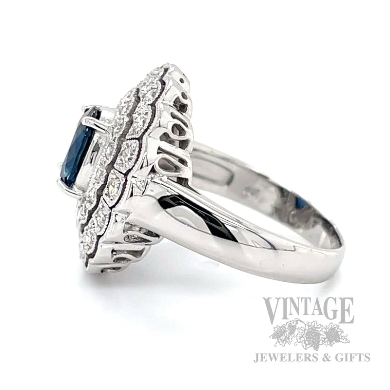 Double Halo Sapphire and Diamond 18k White Gold Ring