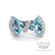 Bow Tie Aquamarine Diamond Accented 18k White Gold Ring Front View
