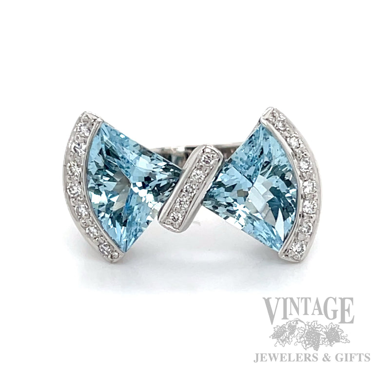 Bow Tie Aquamarine Diamond Accented 18k White Gold Ring Front View