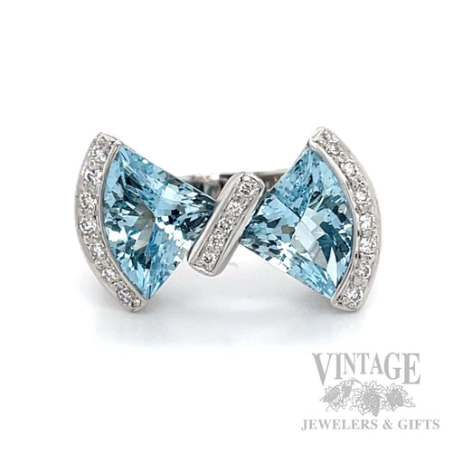 Bow Tie Aquamarine Diamond Accented 18k White Gold Ring Front View