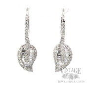 Dangle Diamond Leaf 18k White Gold Earrings Front View